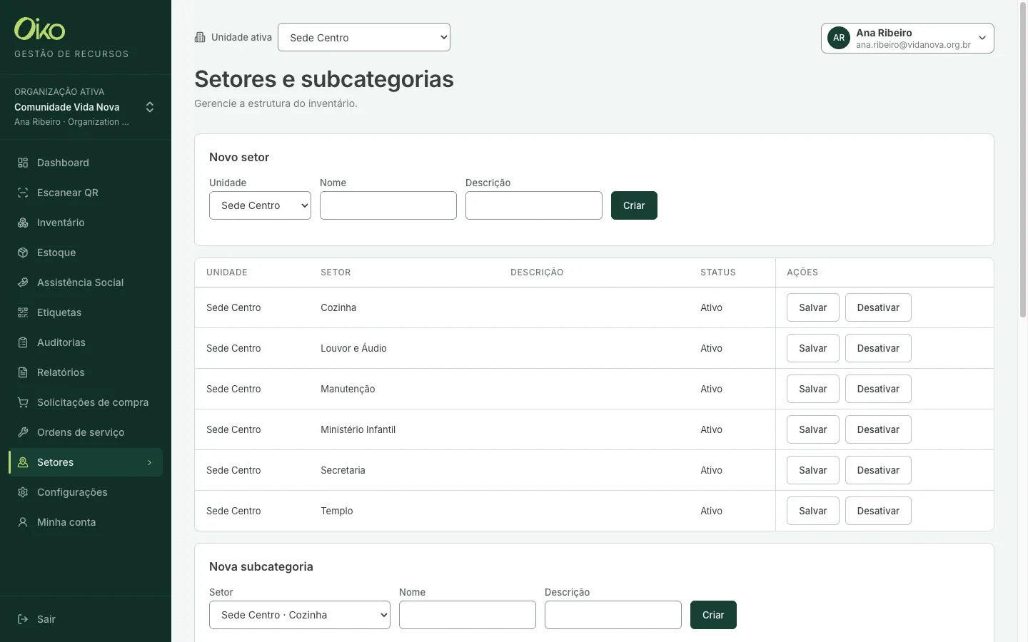 Setores e subcategorias