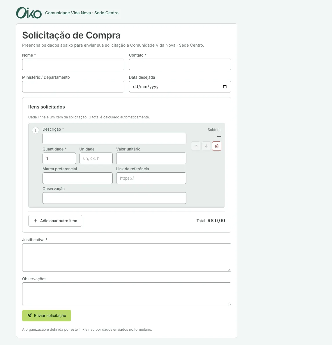 Formulário público de solicitação